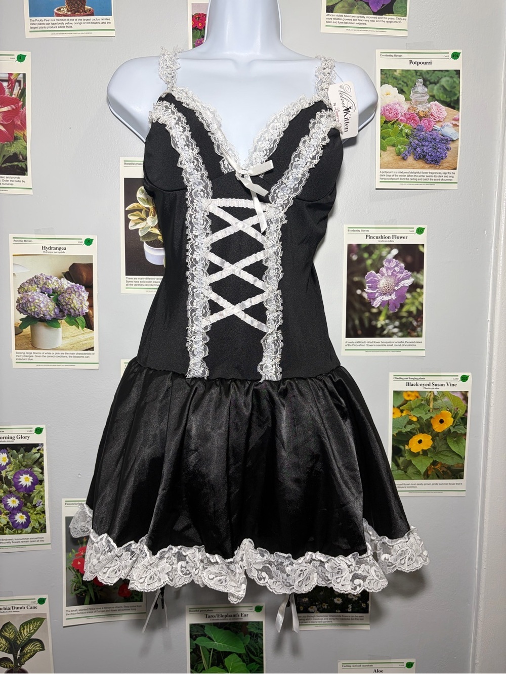 Black & White Lace Trim Satin Chemise - Women's Intimates